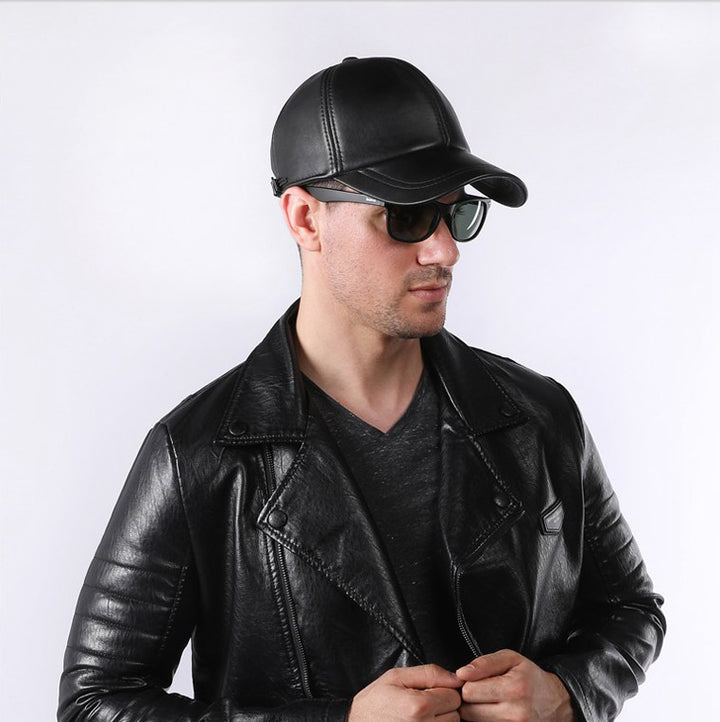 Men's Black Genuine Leather Baseball Cap