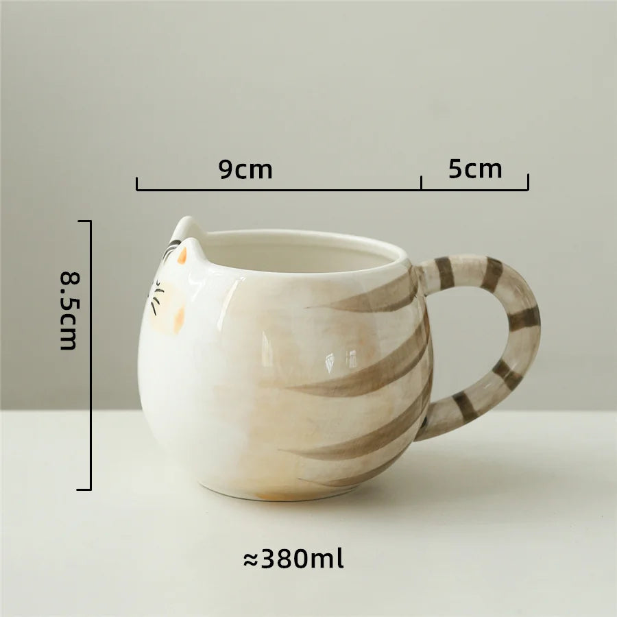 Cute Cat Shaped Ceramic Mug – Hand-painted 380ml Coffee and Tea Cup with Spoon