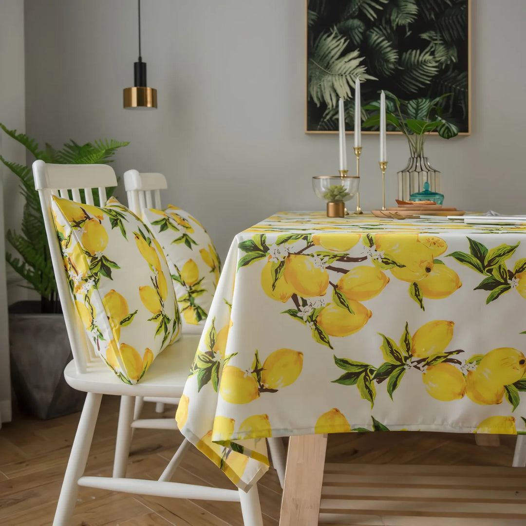 Lemon Print Yellow Polyester Tablecloth & Cushion Cover