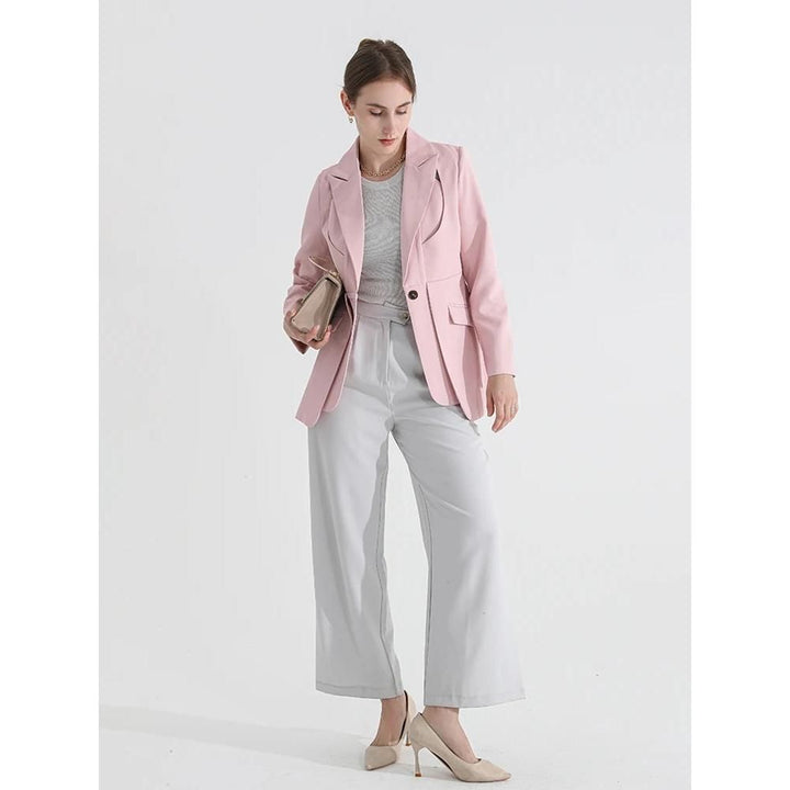 Women's Solid Color Blazer with Notched Collar and Unique Folds