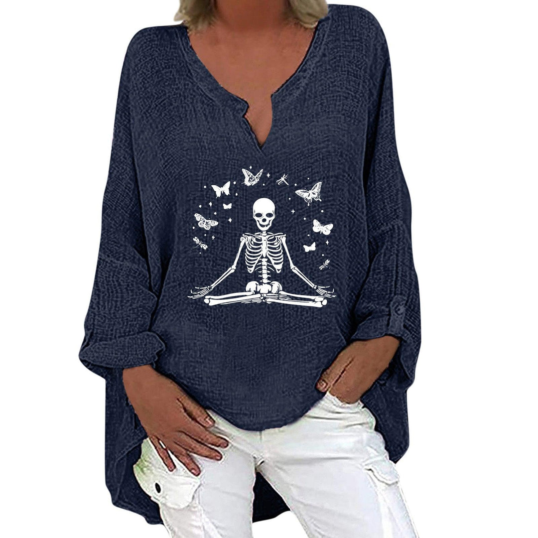 Halloween Themed Print V-neck Cotton Linen Long Sleeve Shirt For Women - Trendha