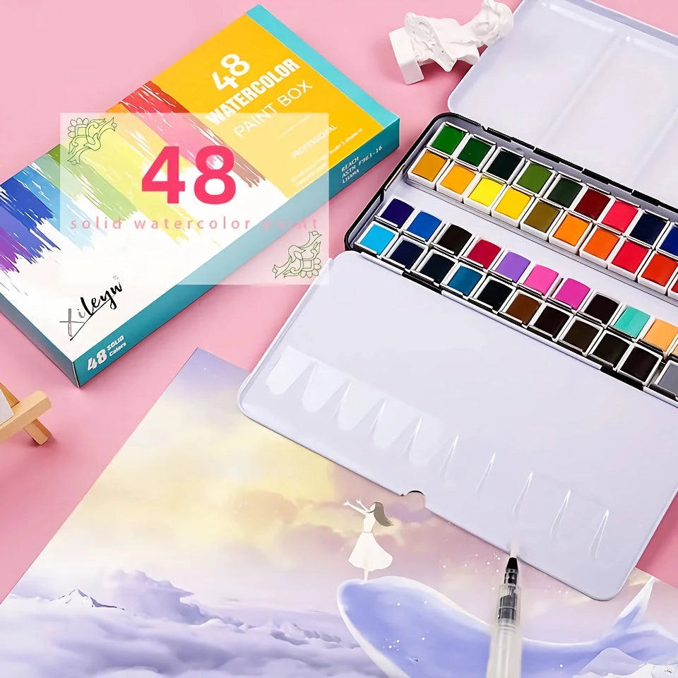 48 Colors Watercolor Paint Set with Water Brushes - Perfect for Artists &amp; Beginners