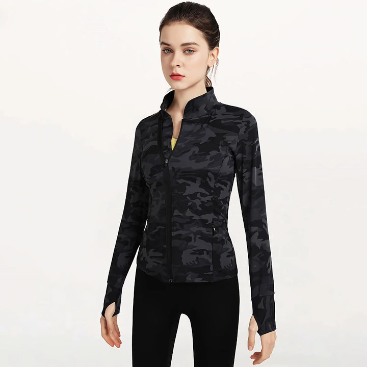 Camouflage Women’s Sports Jacket – Full Zip, Slim Fit, Yoga & Running Workout Top