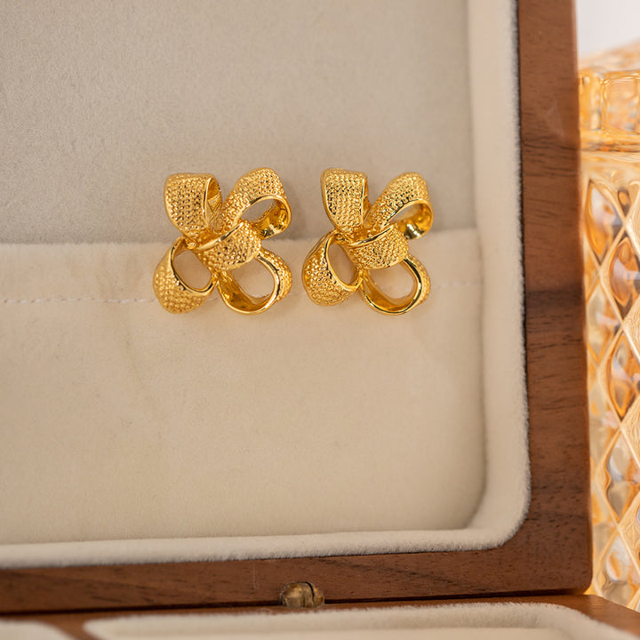 18K Gold Plated Flower Bow Earrings – Stainless Steel, Rust-Proof, Light and Elegant