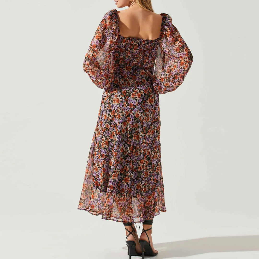 Boho Chic Floral Midi Dress - Sweetheart Neckline, Long Puff Sleeves, Elegant Lace Detail