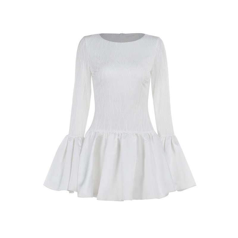 Fall Slim Fit Texture Long Sleeve Ruffled Mini Dress