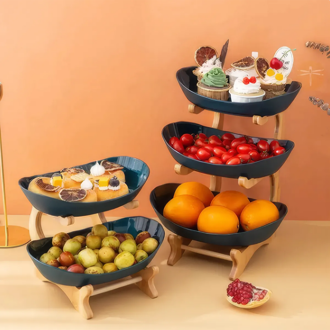 Two- or Three-Tier Fruit Tray with Bamboo Stand