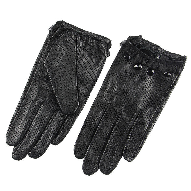 Ladies Sheepskin Perforated Breathable Single Leather Touch Screen Full Finger Gloves