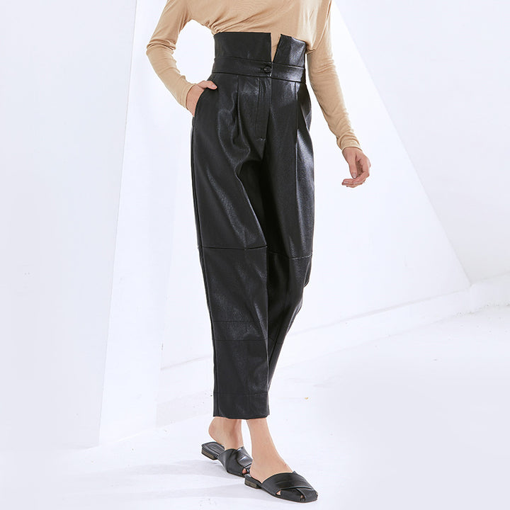 Fashion Temperament Casual High Waist PU Leather Pure Carrot Pants Women