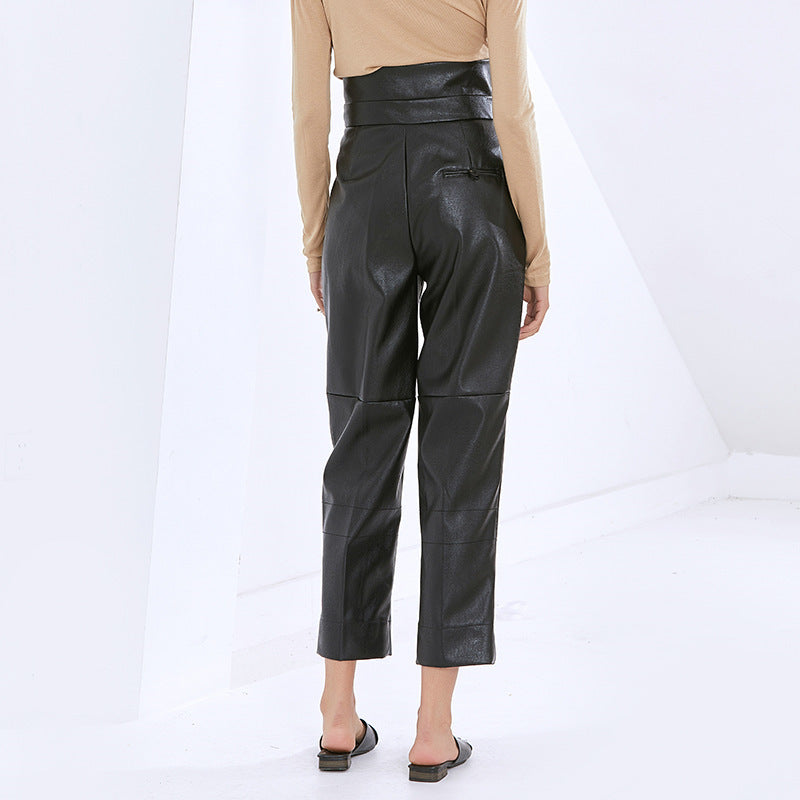 Fashion Temperament Casual High Waist PU Leather Pure Carrot Pants Women