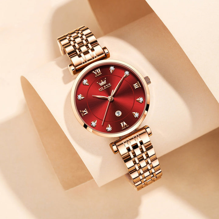 Calendar Quartz Watch Business Waterproof Ladies Watch Women's Steel Band Red Women's Watch