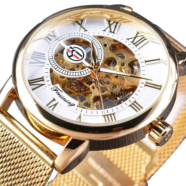 Fashion Casual Roman Numeral Mesh Belt Hollow Automatic Mechanical Watch