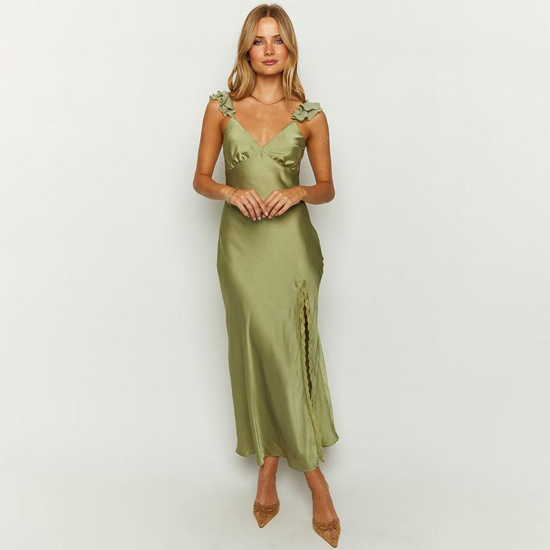 Elegant V-Neck Sleeveless Ruffle Maxi Dress with Backless Design