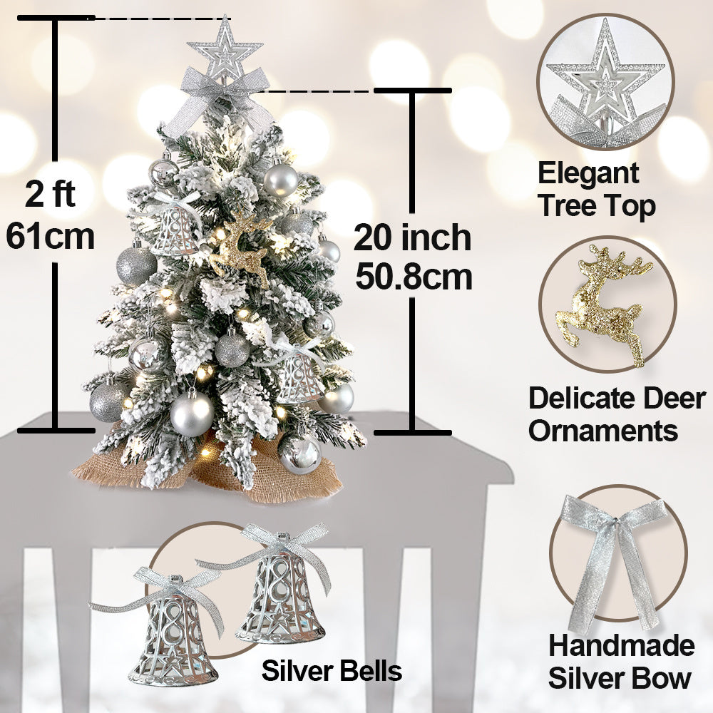 2ft Mini Christmas Tree With Light Artificial Small Tabletop Christmas Decoration With Flocked Snow, Exquisite Decor &amp; Xmas Ornaments For Table Top For Home &amp; Office