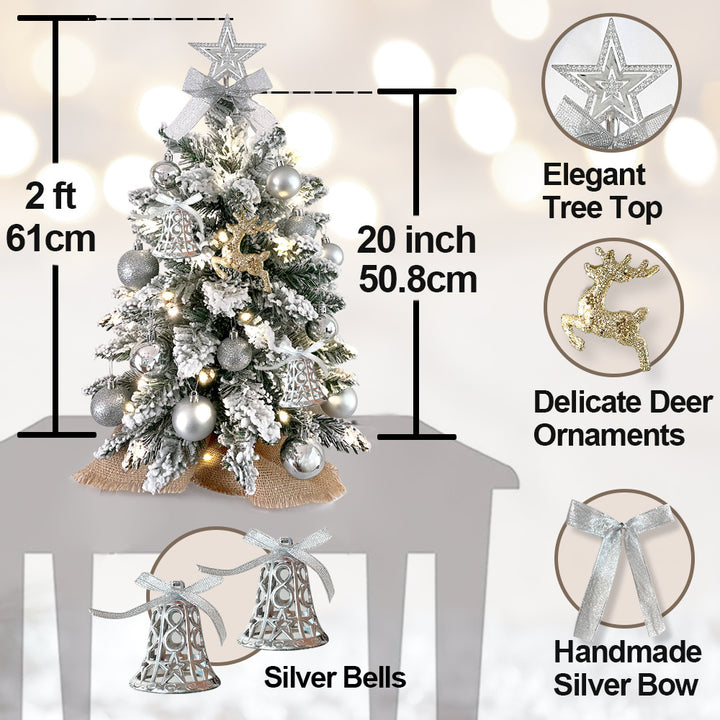 2ft Mini Christmas Tree With Light Artificial Small Tabletop Christmas Decoration With Flocked Snow, Exquisite Decor &amp; Xmas Ornaments For Table Top For Home &amp; Office