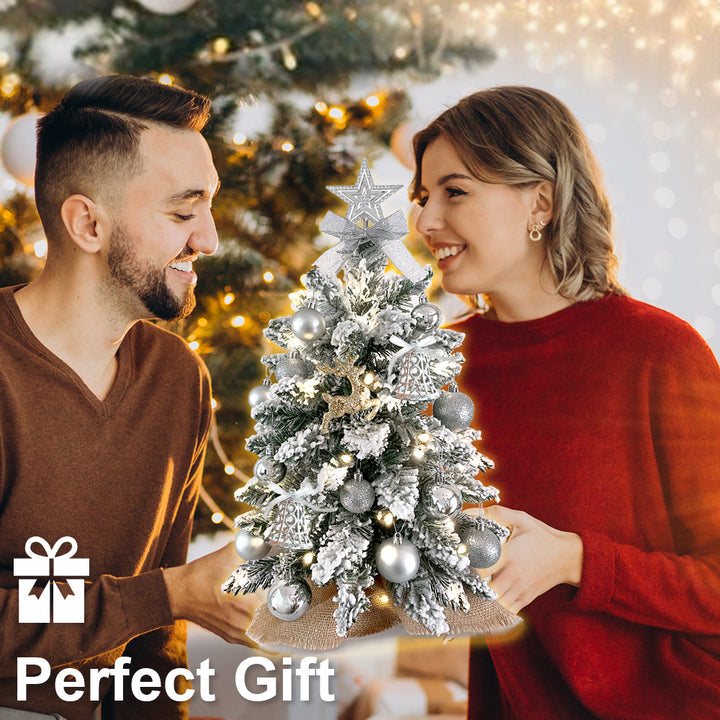 2ft Mini Christmas Tree With Light Artificial Small Tabletop Christmas Decoration With Flocked Snow, Exquisite Decor &amp; Xmas Ornaments For Table Top For Home &amp; Office