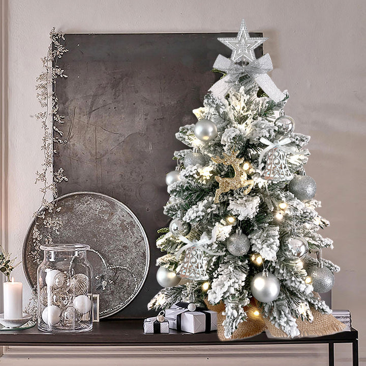2ft Mini Christmas Tree With Light Artificial Small Tabletop Christmas Decoration With Flocked Snow, Exquisite Decor &amp; Xmas Ornaments For Table Top For Home &amp; Office