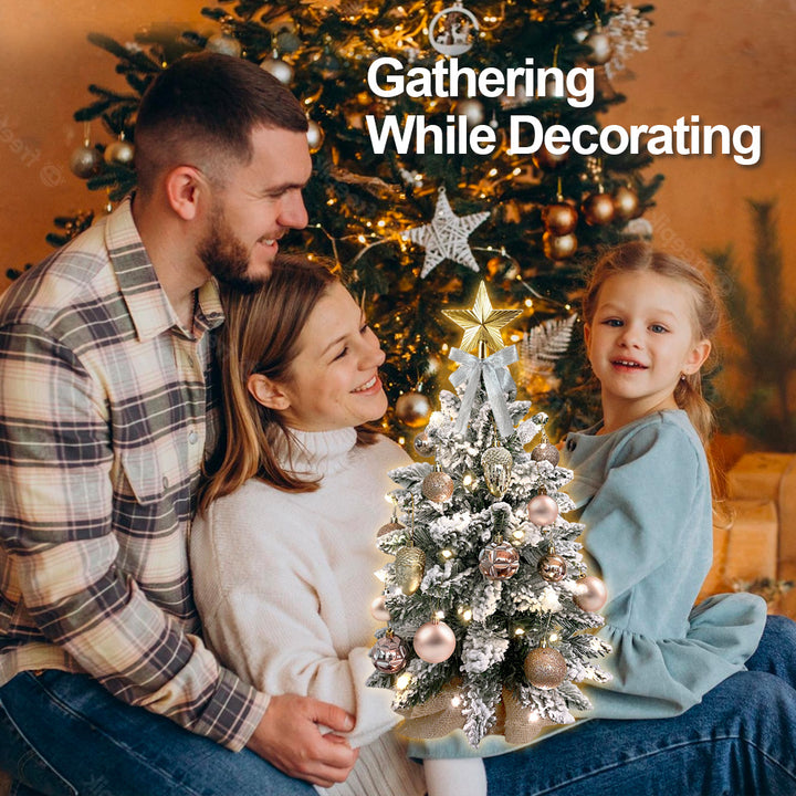 2ft Mini Christmas Tree With Light Artificial Small Tabletop Christmas Decoration With Flocked Snow, Exquisite Decor &amp; Xmas Ornaments For Table Top For Home &amp; Office