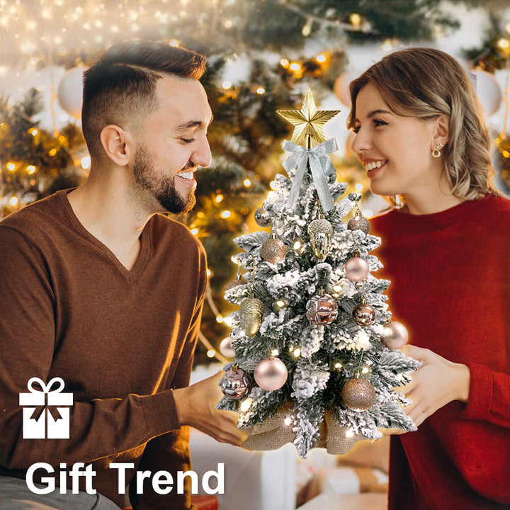 2ft Mini Christmas Tree With Light Artificial Small Tabletop Christmas Decoration With Flocked Snow, Exquisite Decor &amp; Xmas Ornaments For Table Top For Home &amp; Office