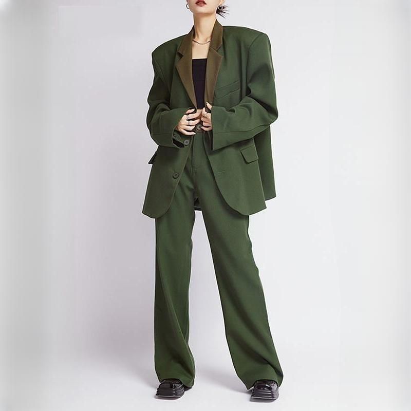 Women's Green Blazer and Loose Pants Suit