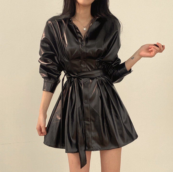 Early Spring French Style Retro Lapels Single-breasted Lace Up Waist-controlled Slimming Long Sleeve Leather Coat Dress