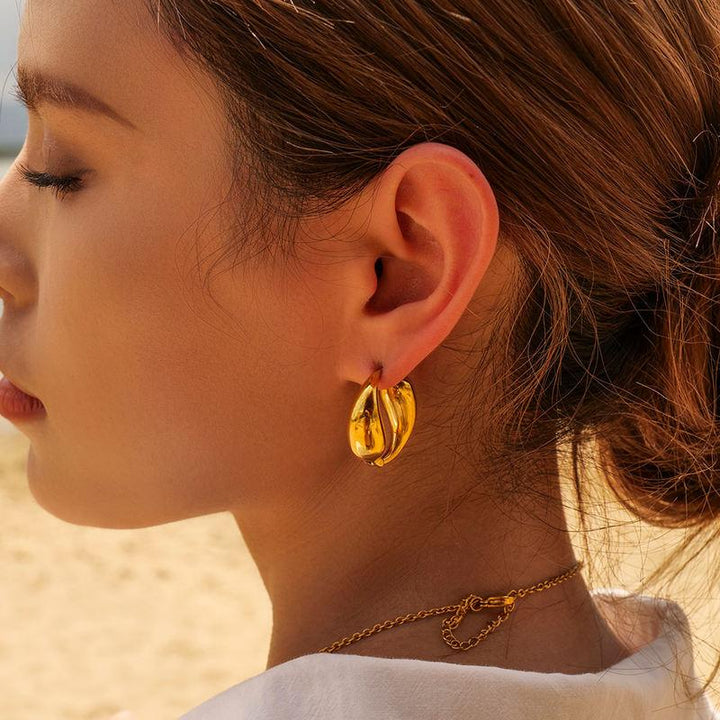 Gold-Plated Stainless Steel Water Drop Earrings with Vintage O-Shaped Pendant