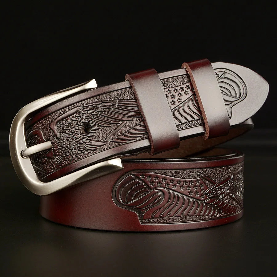 Men's Retro Cowhide Leather Belt with Eagle Carving