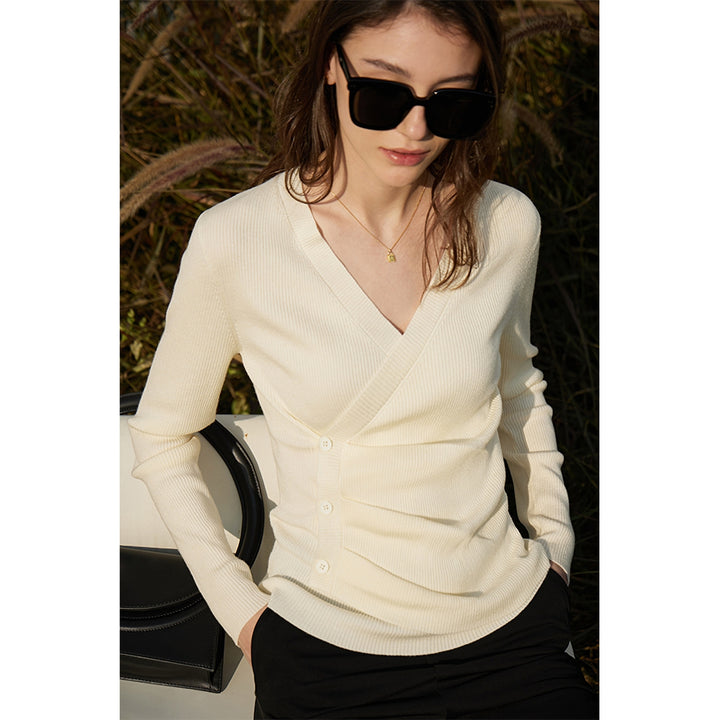 Spring Slim V-Neck Shirred Women's Sweater