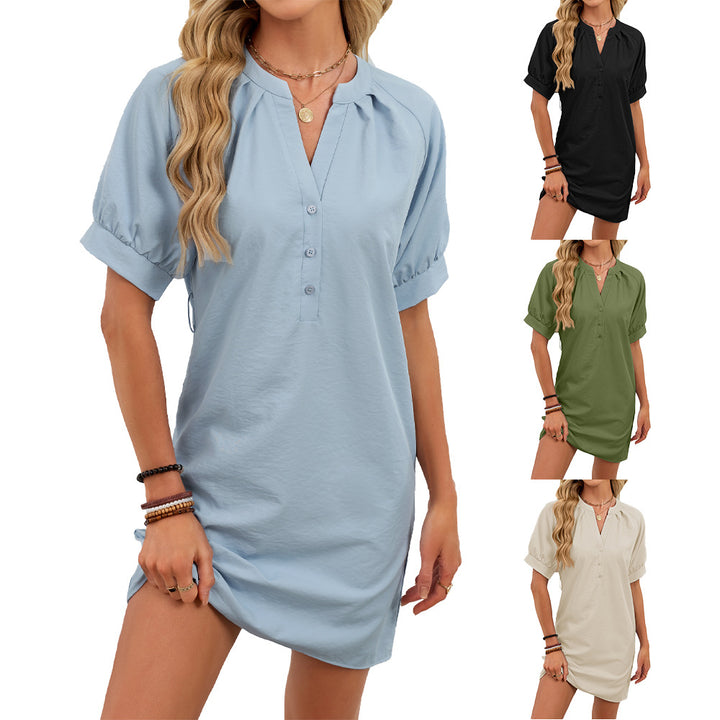 Women's Solid-Color Casual V-Neck Lace-Up Dress