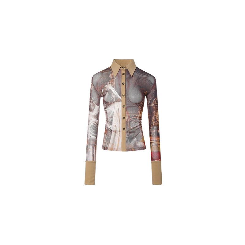 Mid-length Printed Mesh Pleated Waist Shirt - Trendha