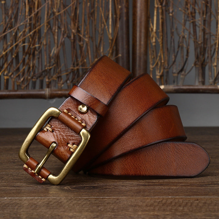 Men's Simple Fashion First Layer Cowhide Retro Brass Buckle Belt