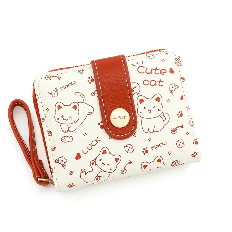 Cute Cat Compact Wallet - Zippered Coin and Card Holder with Key Storage