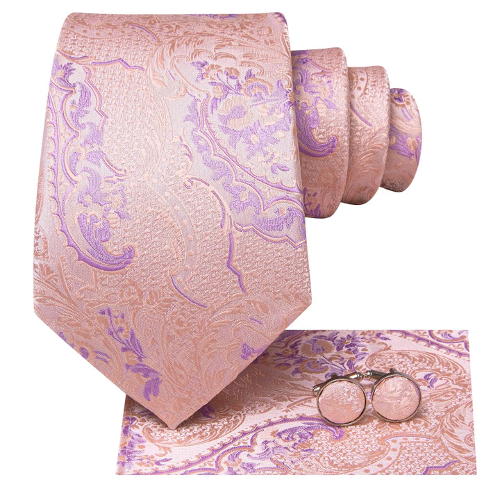 Chic Pink Plaid Silk Tie with Cufflinks and Handkerchief Set