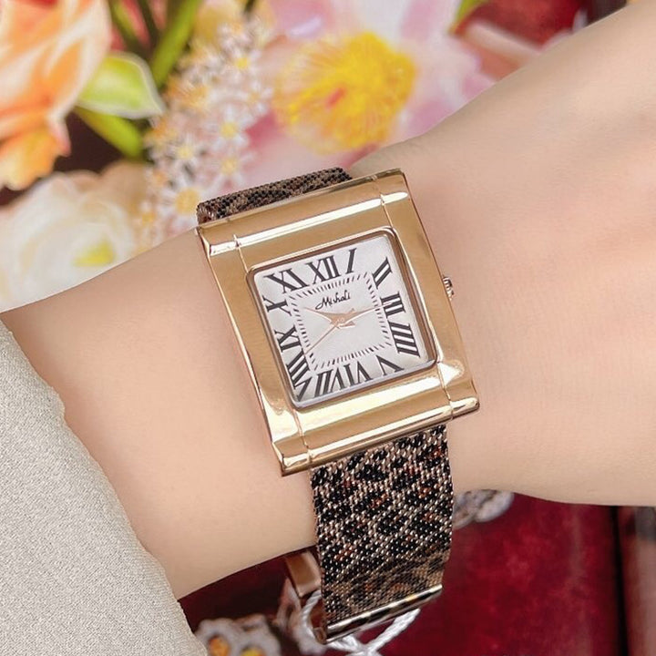 Fashion Steel Belt Leopard Print Mesh Square Watch For Women