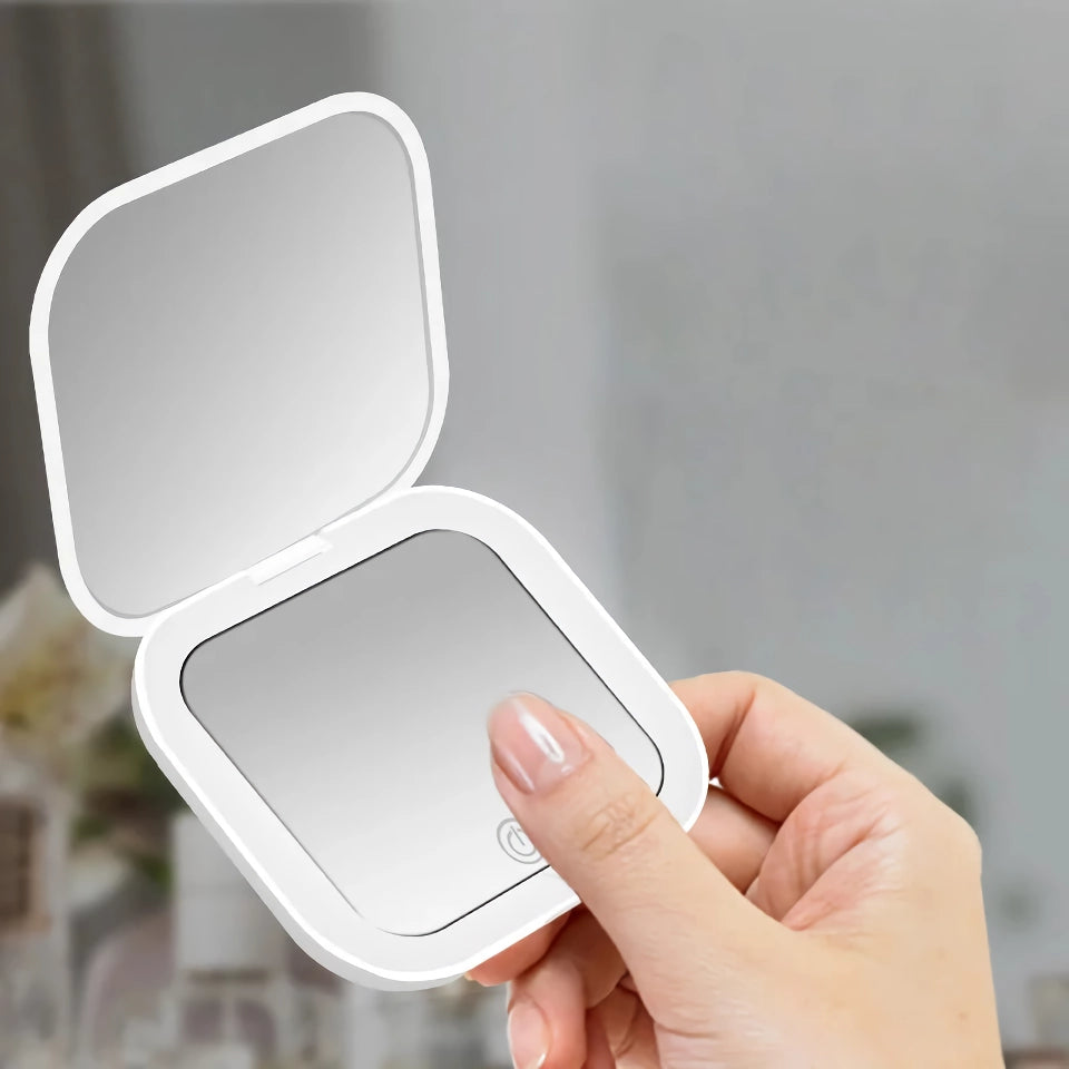 Compact LED Lighted Folding Makeup Mirror with 2X Magnification