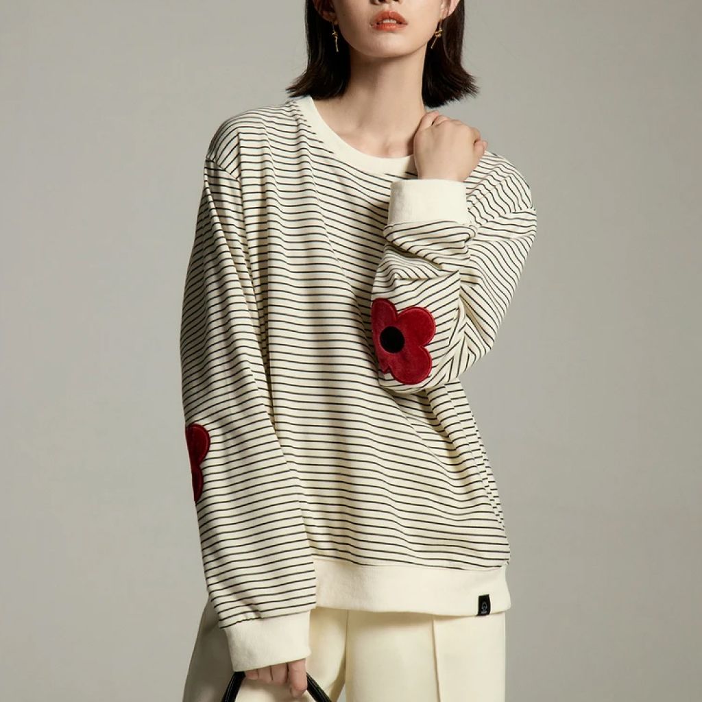 Women's Black and White Stripes Flower Embroidery Sweatshirt