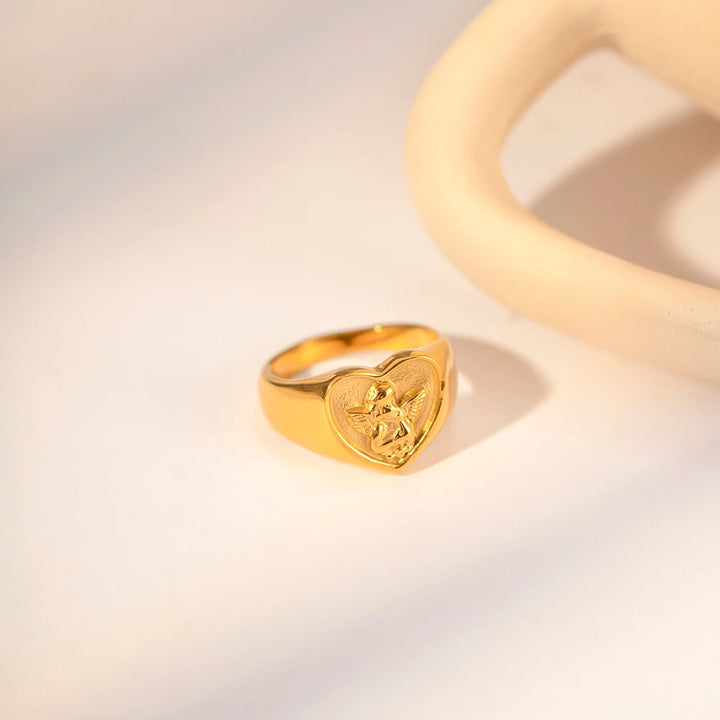 Heart Angel Gold Plated Stainless Steel Chunky Ring