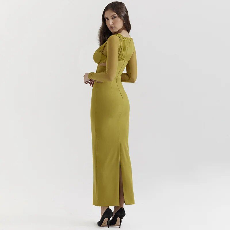 Elegant One-Shoulder Mesh Bodycon Maxi Dress