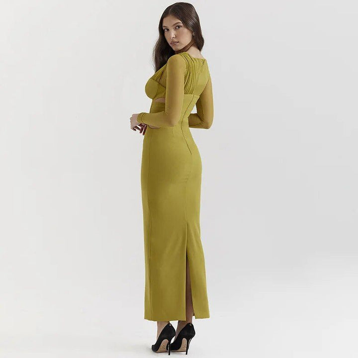 Elegant One-Shoulder Mesh Bodycon Maxi Dress