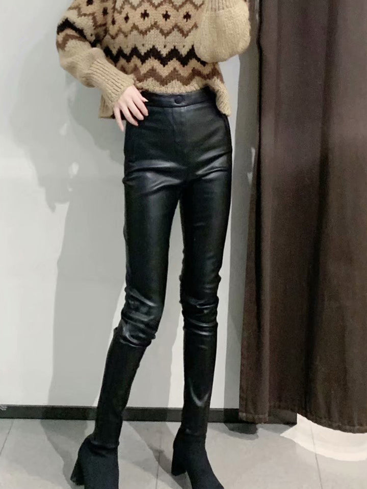 Women's split leg trousers all-match leather pants