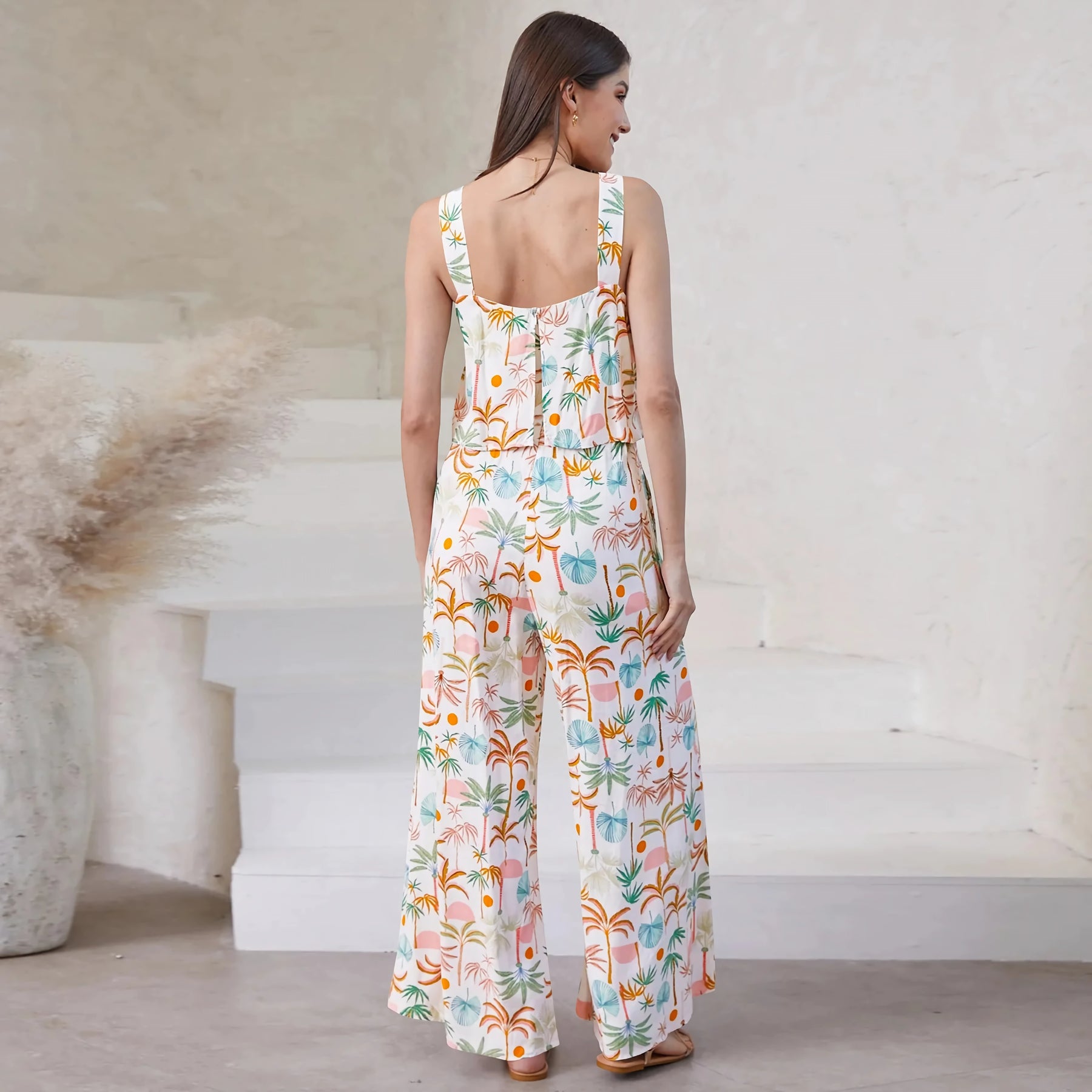 Chic Paisley Print Wide Leg Jumpsuit with Suspender Top Set - Women&