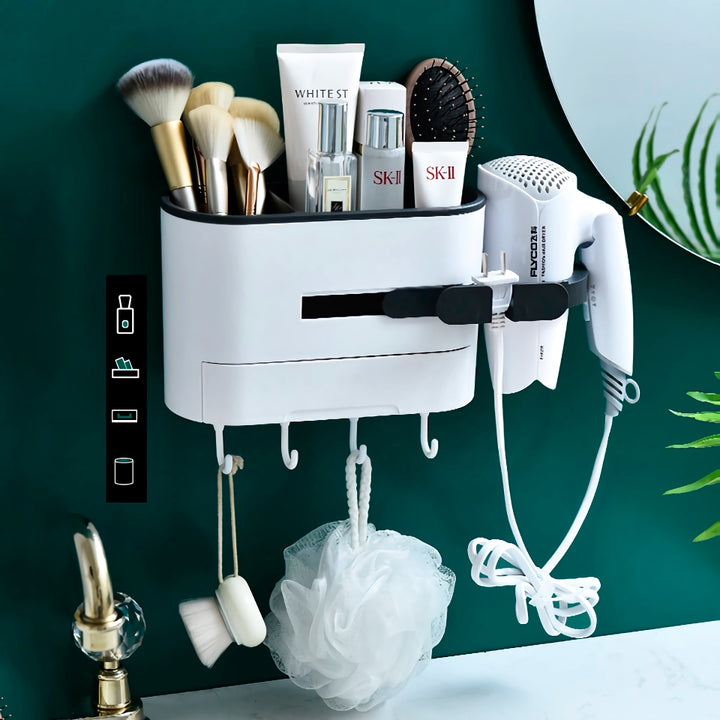 Wall-Mounted Hair Dryer Holder and Bathroom Organizer