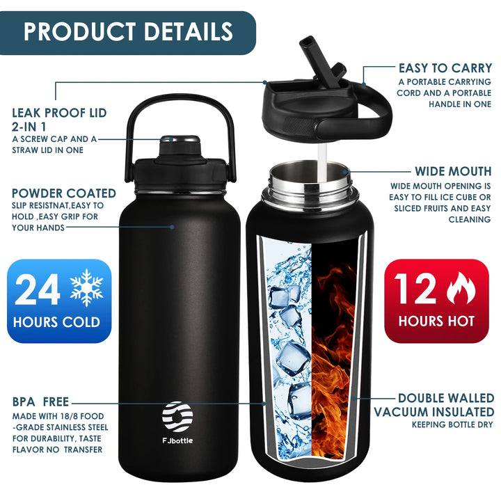 Sport Stainless Steel Insulated Water Bottle with Straw and Handle Lid - 950/1200ml