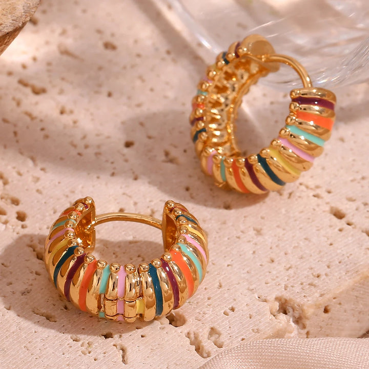 Colorful Hypoallergenic Enamel Circle Textured Hoop Earrings – Gold Plated Stainless Steel