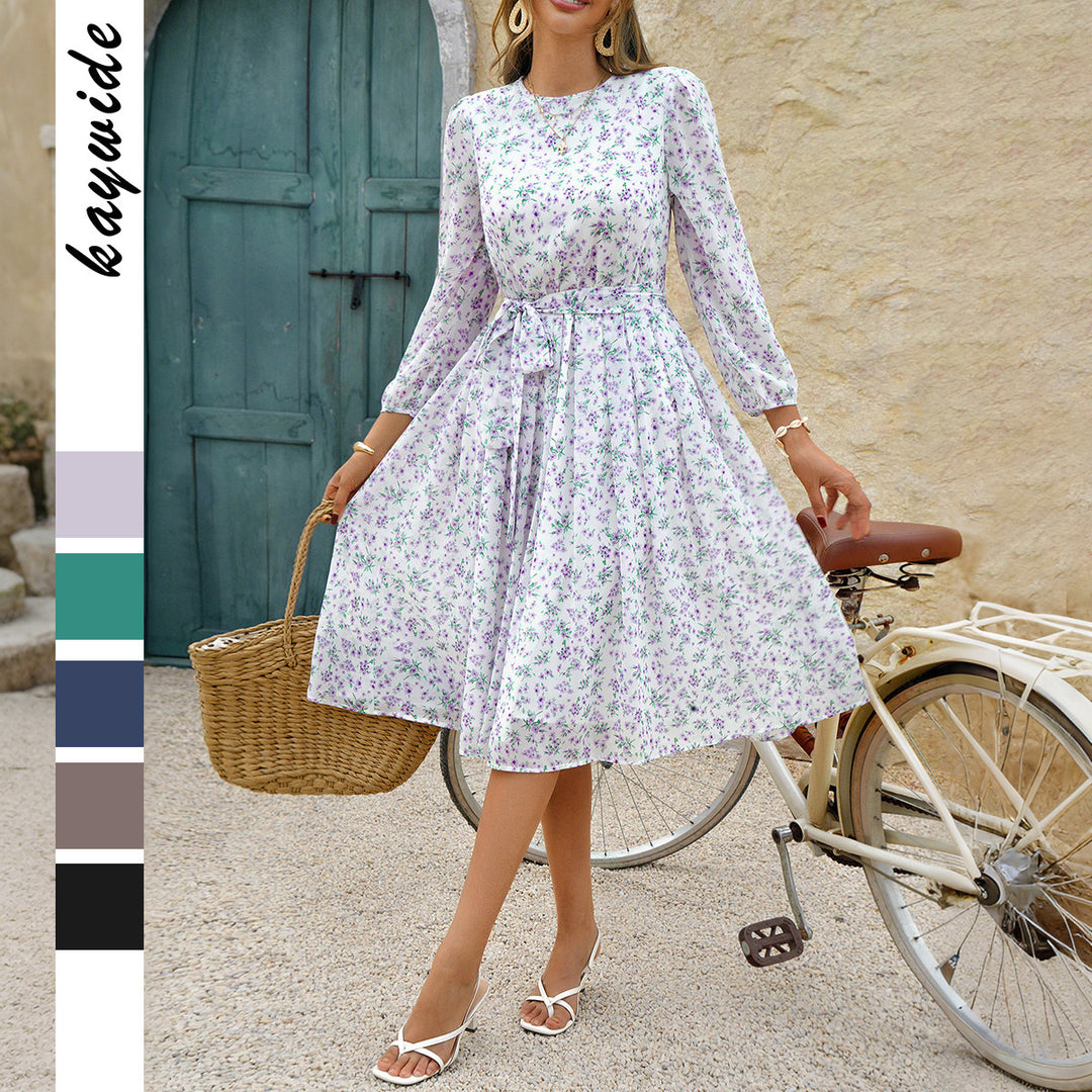 European And American Leisure Vacation Style Polka Dot Long Sleeve Maxi Dress