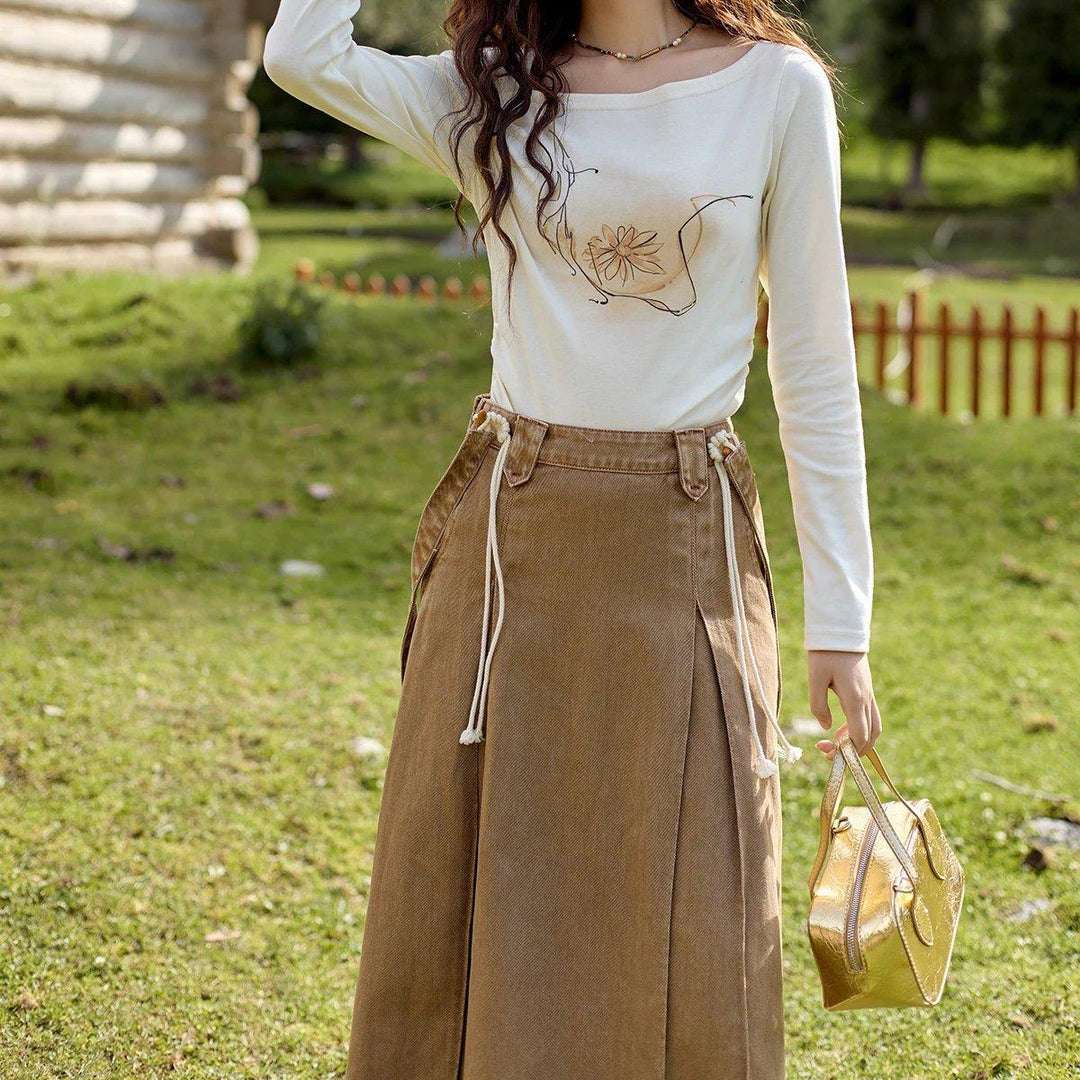 Elegant High-Waisted A-Line Cotton Suspender Skirt