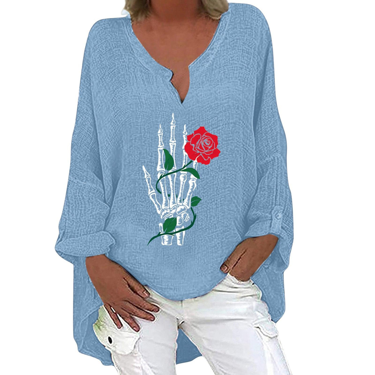 Halloween Themed Print V-neck Cotton Linen Long Sleeve Shirt For Women - Trendha