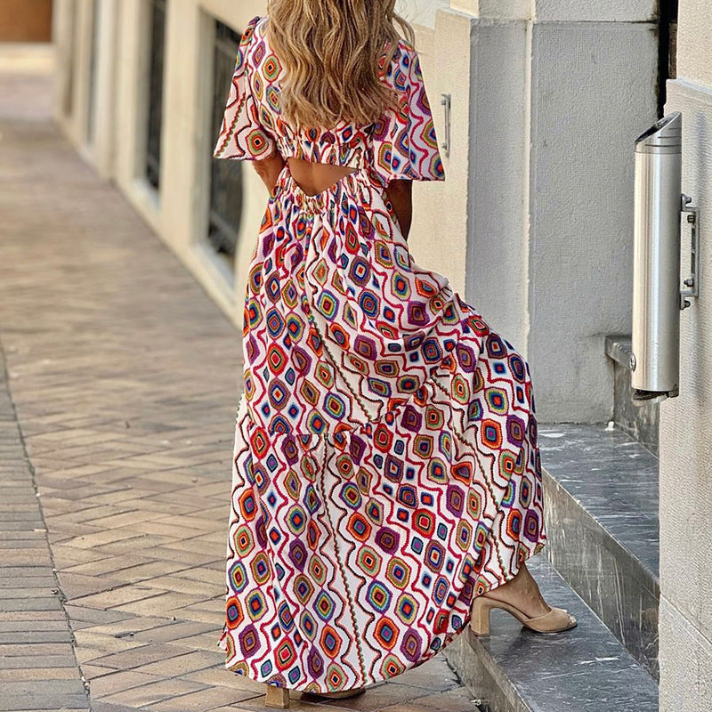 Fashion Printed V-neck Bohemian Mid-length Dress