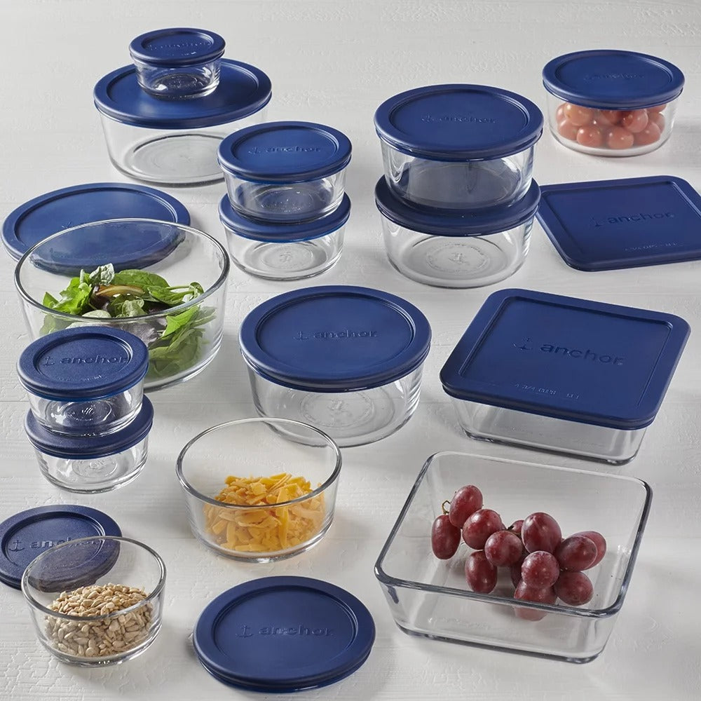 30-Piece Glass Food Storage Set with Navy Lids