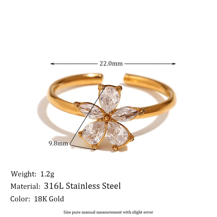 18K Gold-Plated White Zircon Flower Ring – Hypoallergenic Stainless Steel